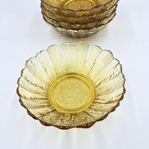 Vtg Indiana Glass Textured Amber Sunflower  Bowls 6"  Lot of 5 Scalloped 70's